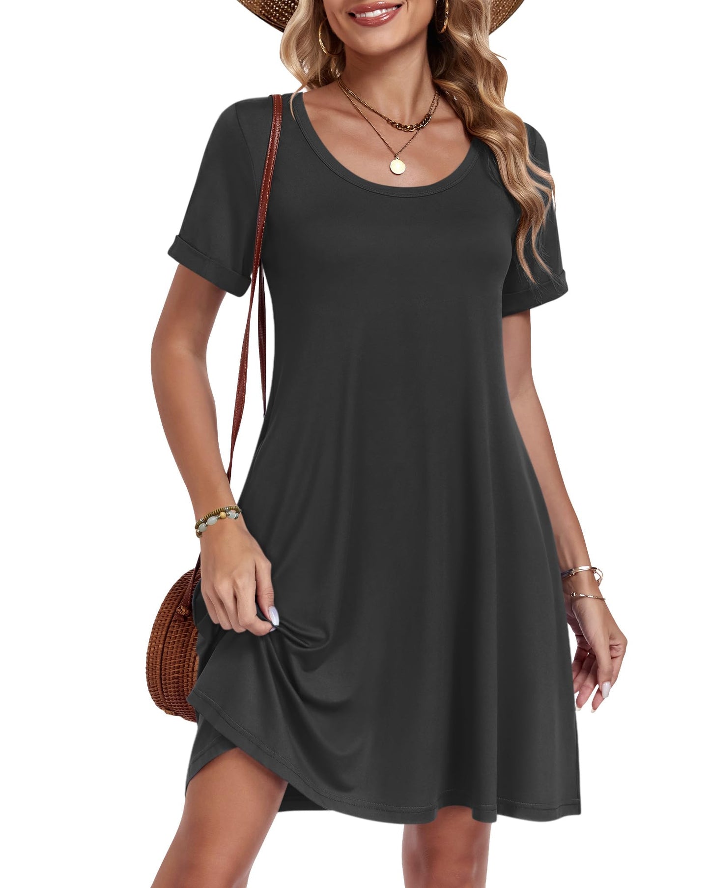 AUSELILY Women's Summer Casual Dresses 2026 Short Sleeve Swing Beach Floral T-Shirt Dress with Pockets