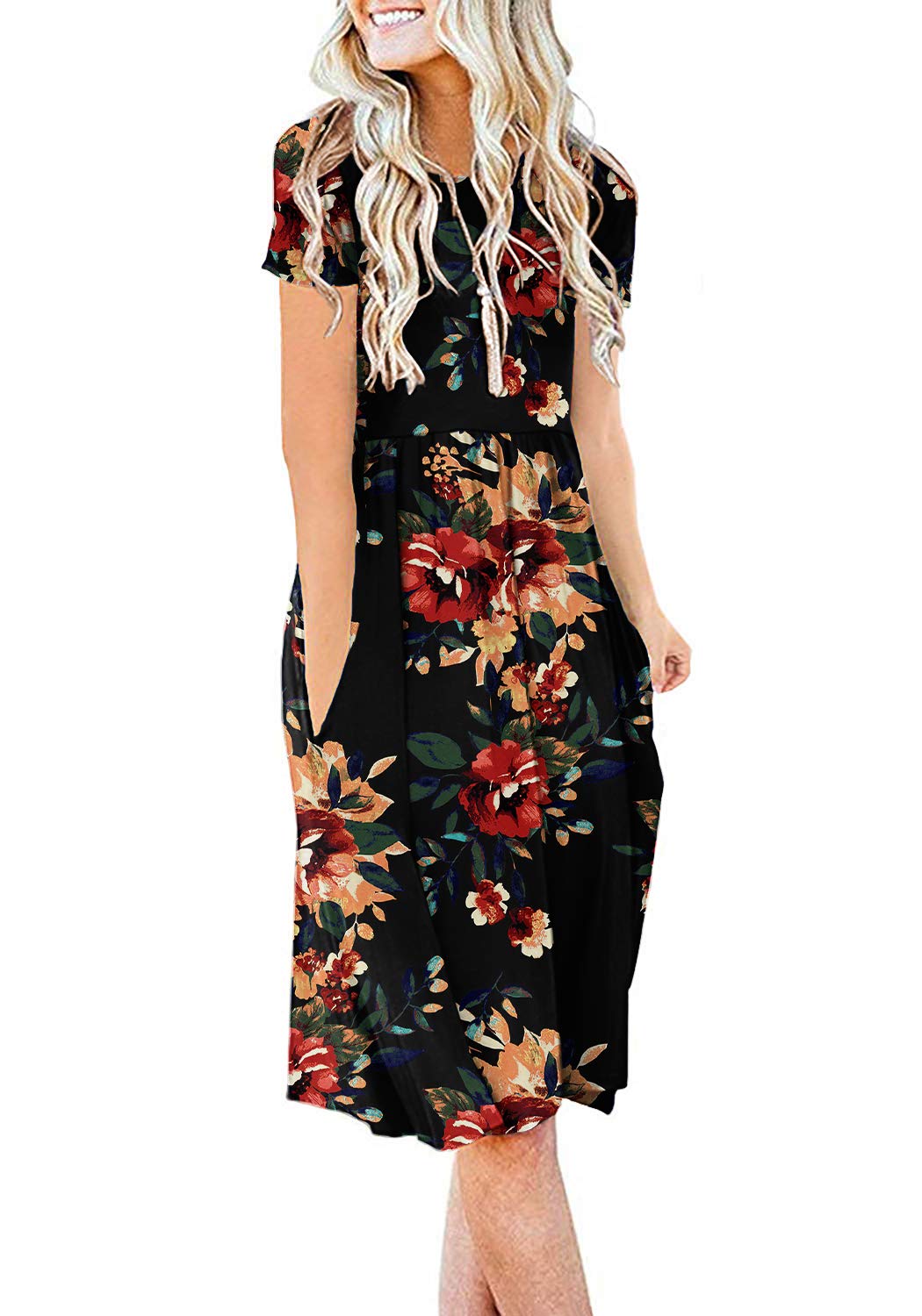 DB MOON Women Summer Casual Short Sleeve Dresses Empire Waist Dress with Pockets