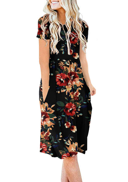 DB MOON Women Summer Casual Short Sleeve Dresses Empire Waist Dress with Pockets
