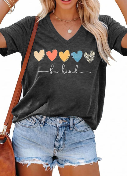 YEXIPO Womens Graphic Tees V-Neck T Shirts Spring Short Sleeve Funny Letter Print Casual Loose Cute Summer Tops