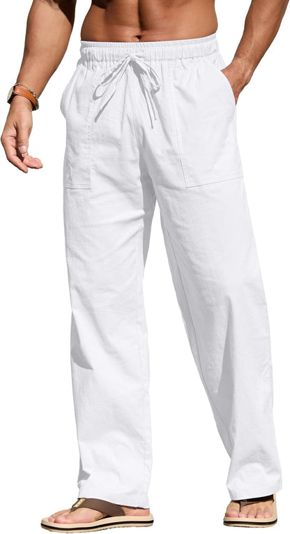 Sailwind Men's Casual Linen Pants Beach Summer Loose Fit Elastic Waist Drawstring Pants Lightweight Linen Trousers
