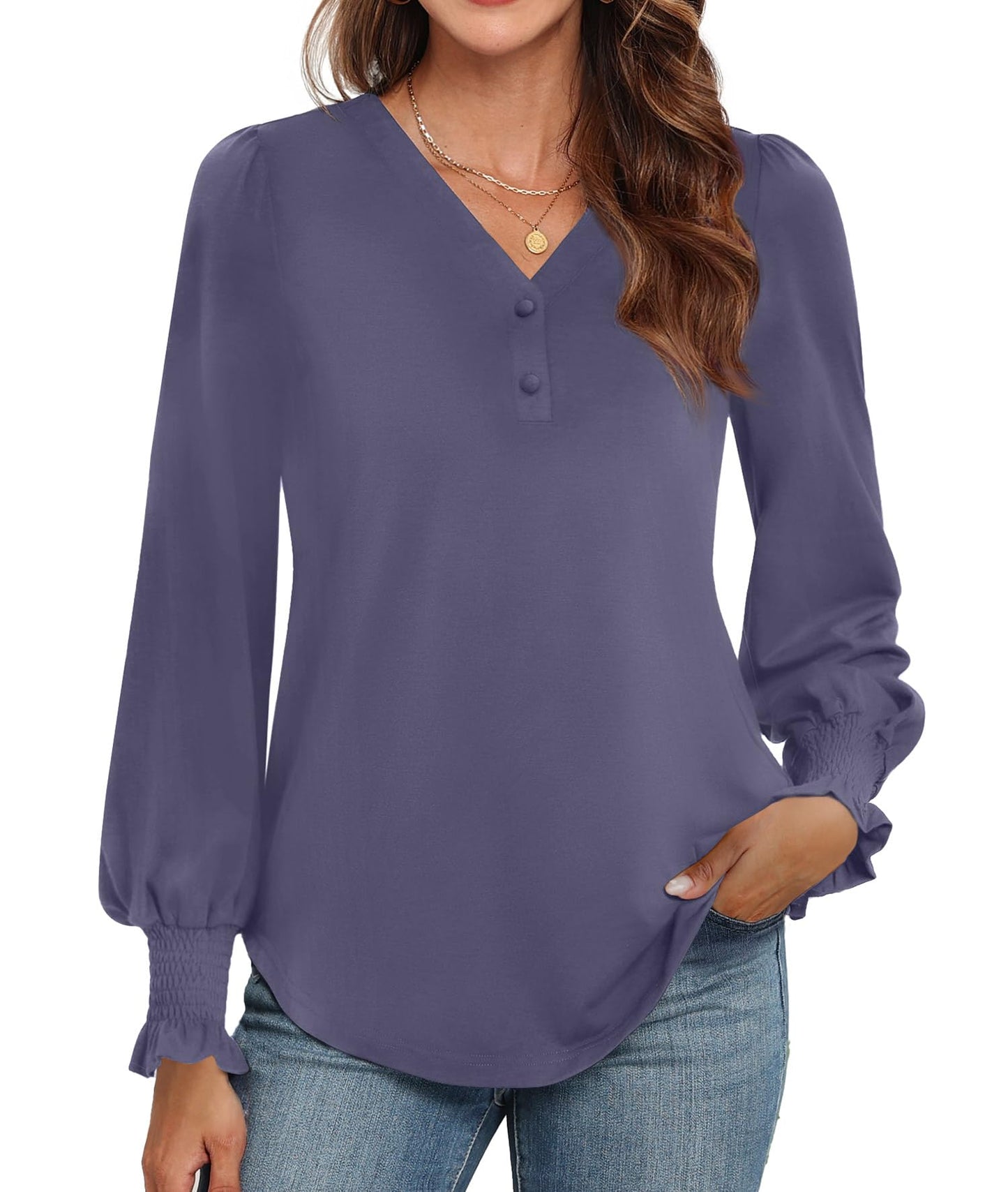WEACZZY Womens Tops Long Sleeve Fall Shirts for Women Dressy Casual Button V Neck Tunic Blouse Ruffle Cuffs T-Shirts 2026