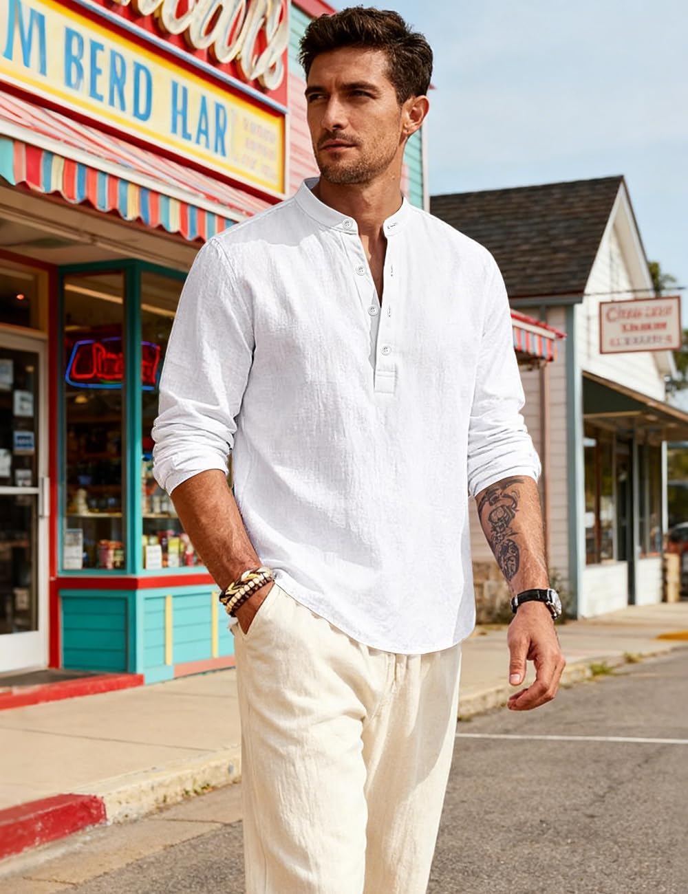 Men's Linen Shirts Henley T-Shirts Long Sleeve Casual Beach T-Shirts Solid Tops Shirts for Men