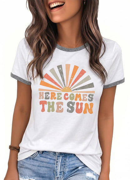 YEXIPO Graphic Tees for Women Short Sleeve Summer Tops Funny Letter Printed Loose Casual T Shirts