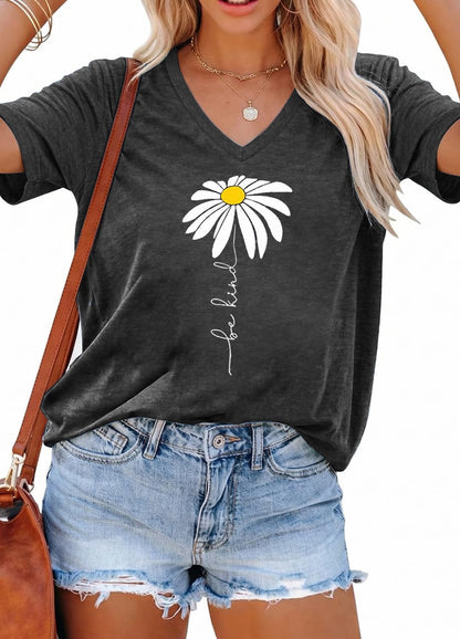 YEXIPO Womens Graphic Tees V-Neck T Shirts Spring Short Sleeve Funny Letter Print Casual Loose Cute Summer Tops