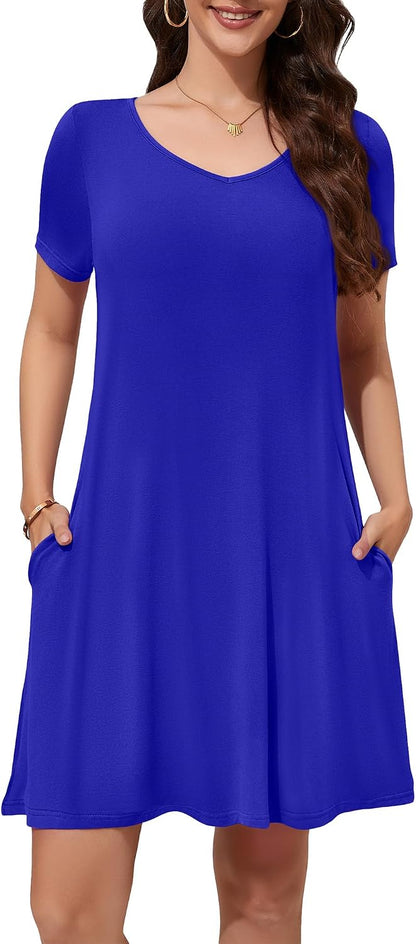 WEACZZY Summer Dresses for Women 2026 V-Neck Casual T Shirt Dress Loose Short Sleeve Flowy Dresses with Pockets