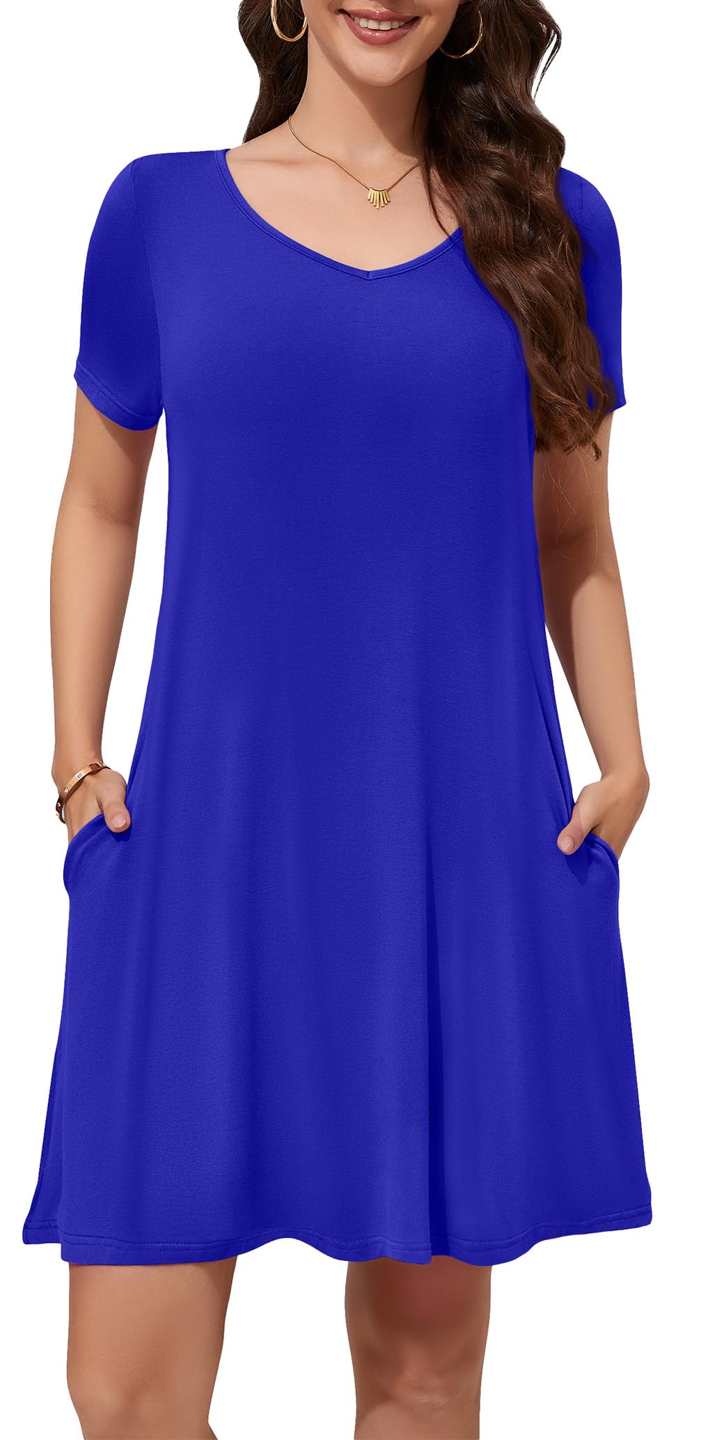 WEACZZY Summer Dresses for Women 2026 V-Neck Casual T Shirt Dress Loose Short Sleeve Flowy Dresses with Pockets