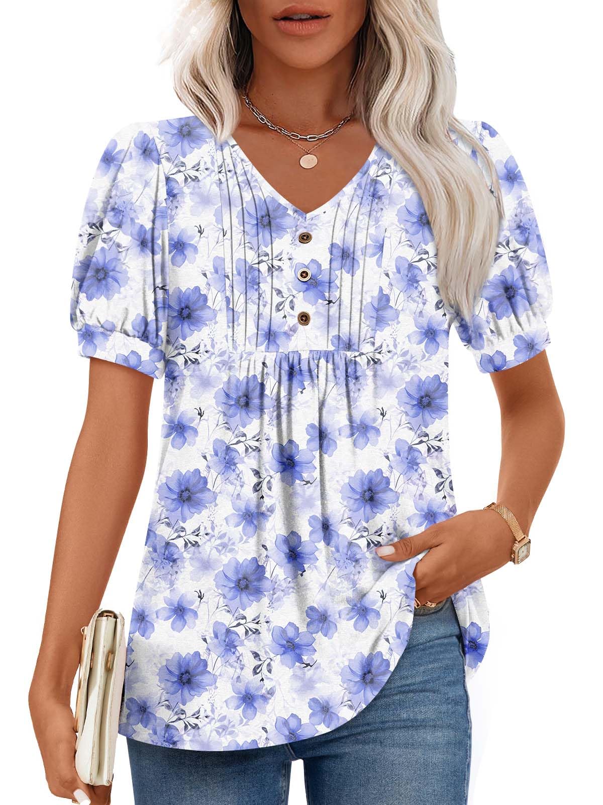 Findsweet Women's Summer Tunic Tops Casual Dressy Blouses Short Sleeve Shirts M-4XL
