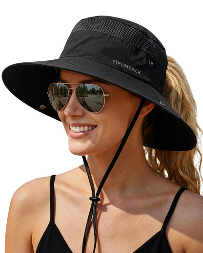 FURTALK Sun Hats for Women with Ponytail Hole Hiking Summer Wide Brim Outdoor UV Protection Bucket Safari Hat