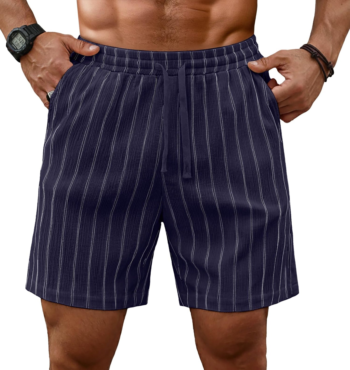 Sailwind Mens Striped Casual 7" Shorts Summer Beach Elastic Waist Drawstring Shorts with Pockets