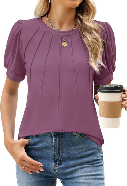 WEACZZY Women's Short Sleeve Crew Neck T-Shirt Pleated Front Casual Blouse | Puff Sleeve, Soft Comfortable Breathable, Regular Fitted, Asymmetrical High-Low Hem, Business Casual, Spring Summer Fall
