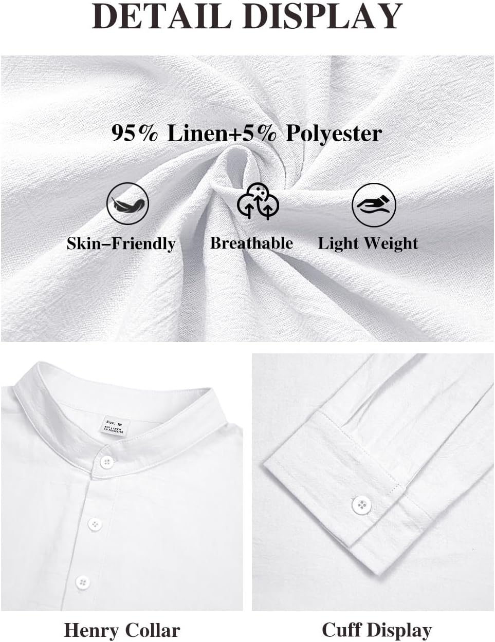 Men's Linen Shirts Henley T-Shirts Long Sleeve Casual Beach T-Shirts Solid Tops Shirts for Men