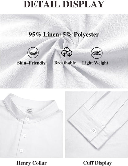 Men's Linen Shirts Henley T-Shirts Long Sleeve Casual Beach T-Shirts Solid Tops Shirts for Men