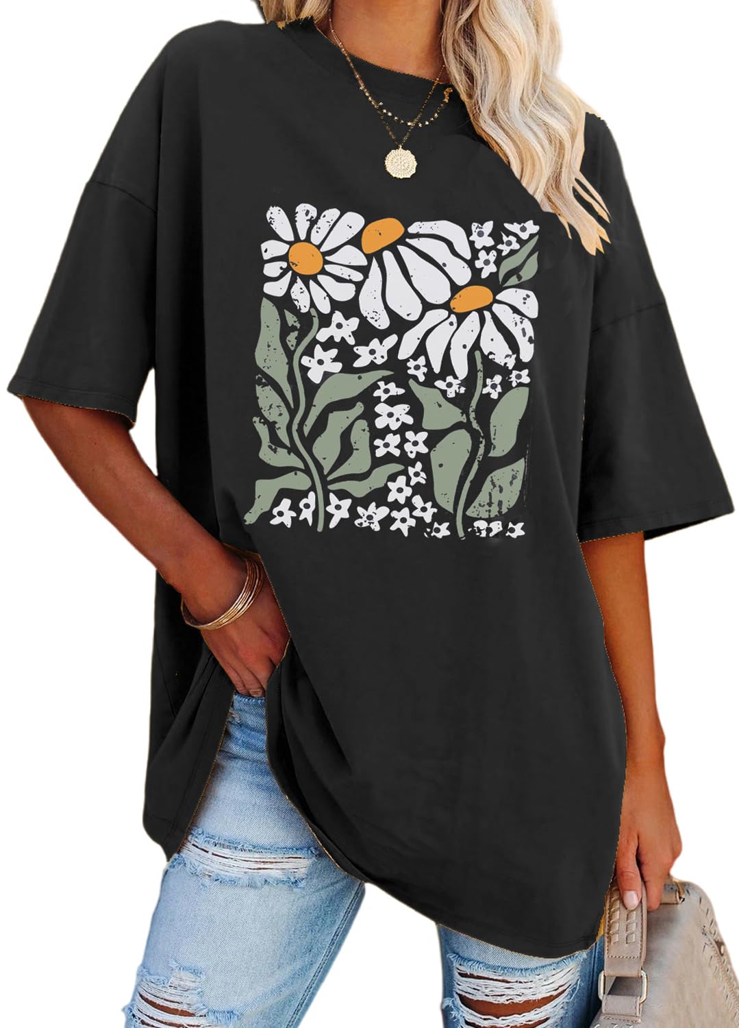 YEXIPO Women's Oversized T Shirts Graphic Tees Summer Short Sleeve Loose Fit Casual Crewneck Plain Tunic Tops