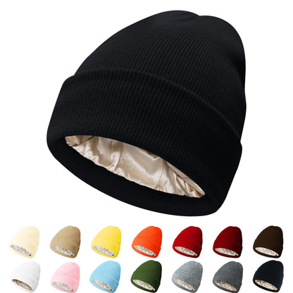 PFFY Womens Satin Lined Beanie Hat Silk Lining Winter Hats Beanies for Women Soft Slouchy Beanie Skull Cap
