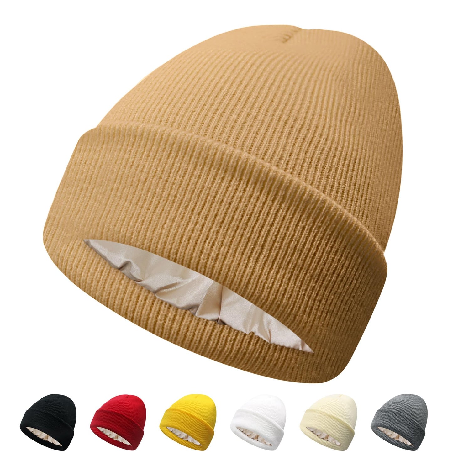PFFY Satin Lined Beanie for Women Silk Lining Soft Winter Hats Reduce Frizz Knit Beanies Warm Skull Cap