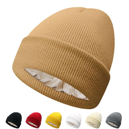 PFFY Satin Lined Beanie for Women Silk Lining Soft Winter Hats Reduce Frizz Knit Beanies Warm Skull Cap