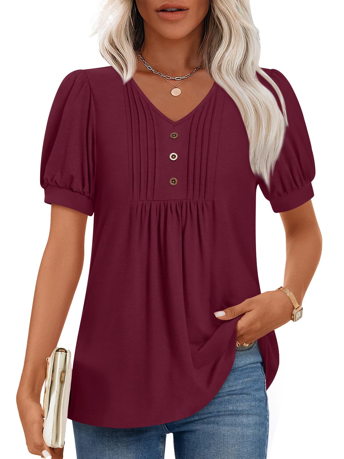 Findsweet Women's Summer Tunic Tops Casual Dressy Blouses Short Sleeve Shirts M-4XL