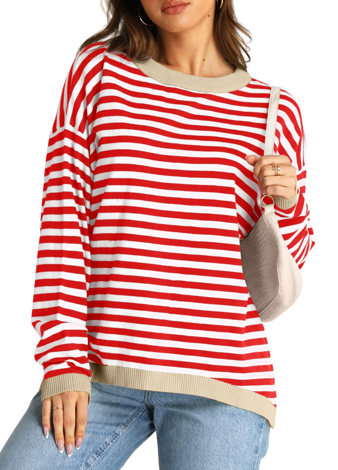 YEXIPO Womens Sweaters Striped 2024 Fall Long Sleeve Crewneck Casual Knit Lightweight Oversized Pullover Sweater Tops