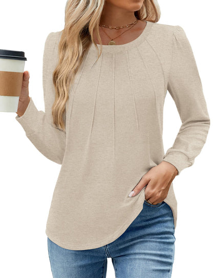 WEACZZY Women Long Sleeve Shirts Crew Neck Tunic Tops Soft Casual Blouses Creased Design Curved Side Hem Fashion Outfits 2026