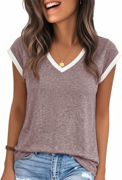 YEXIPO Womens Tops Cap Sleeve T Shirts 2026 Summer Casual Loose Fit V Neck Shirts Cute Trendy Beach Vacation Clothes
