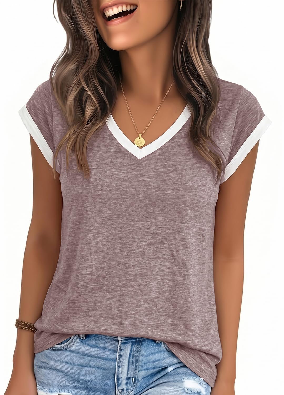 YEXIPO Womens Tops Cap Sleeve T Shirts 2026 Summer Casual Loose Fit V Neck Shirts Cute Trendy Beach Vacation Clothes