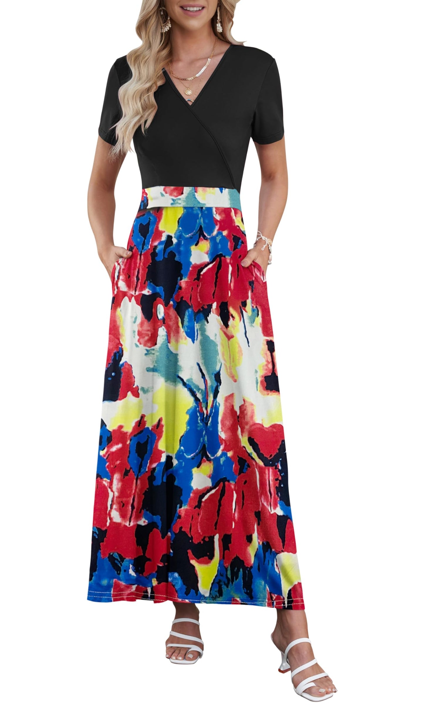 AUSELILY Maxi Dresses for Women Ankle Length Floral Print Beach Long Flowy Dress with Pockets