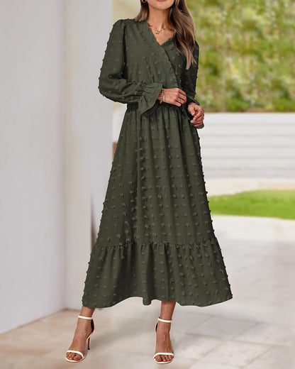 BTFBM Women Fall Maxi Dresses 2026 Long Sleeve V Neck Swiss Dots High Waisted A-Line Ruffle Boho Long Dress Vacation