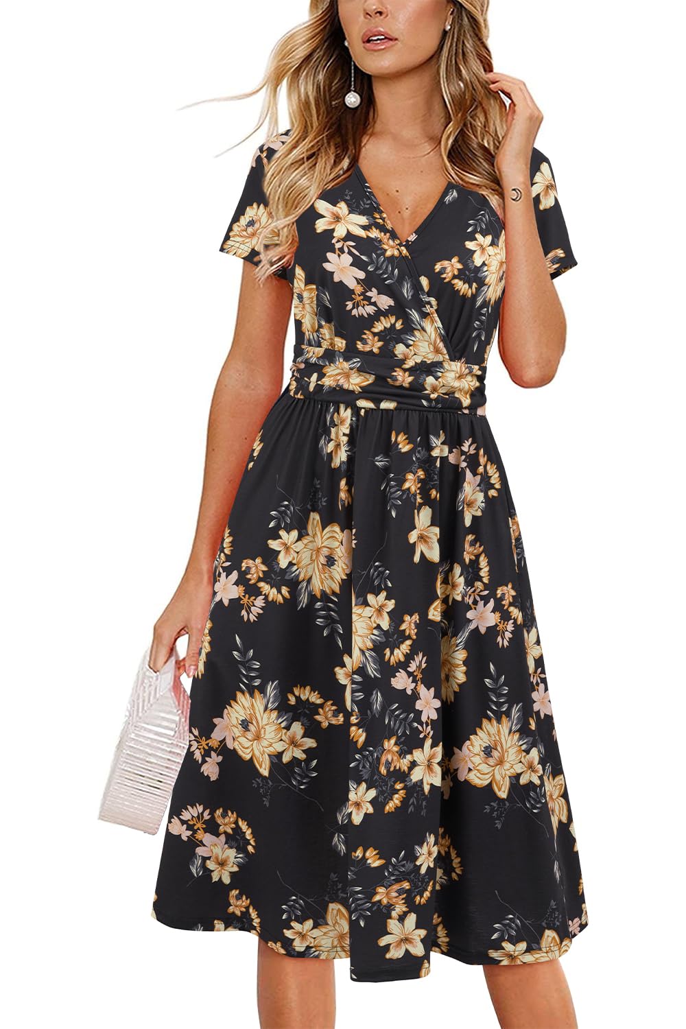 Newshows Womens Summer Short Sleeve Casual Dresses V Neck Floral Vacation Sundress Faux Wrap Midi Dress with Pockets