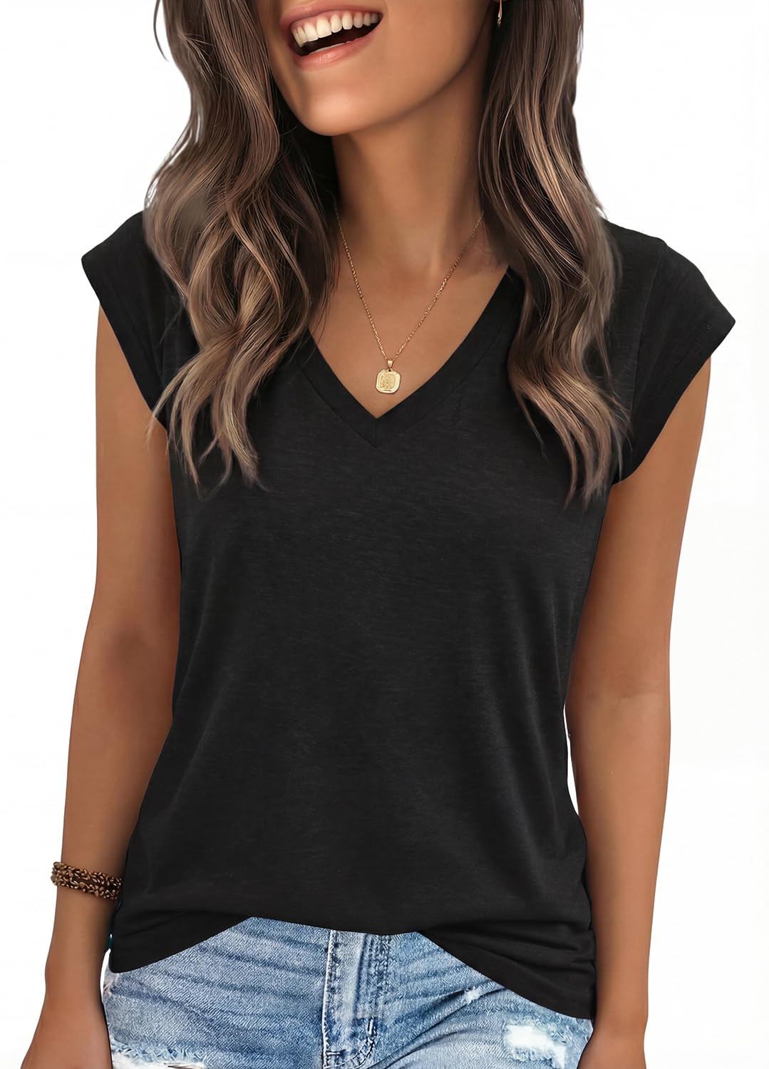 YEXIPO Womens Tops Cap Sleeve T Shirts 2026 Summer Casual Loose Fit V Neck Shirts Cute Trendy Beach Vacation Clothes
