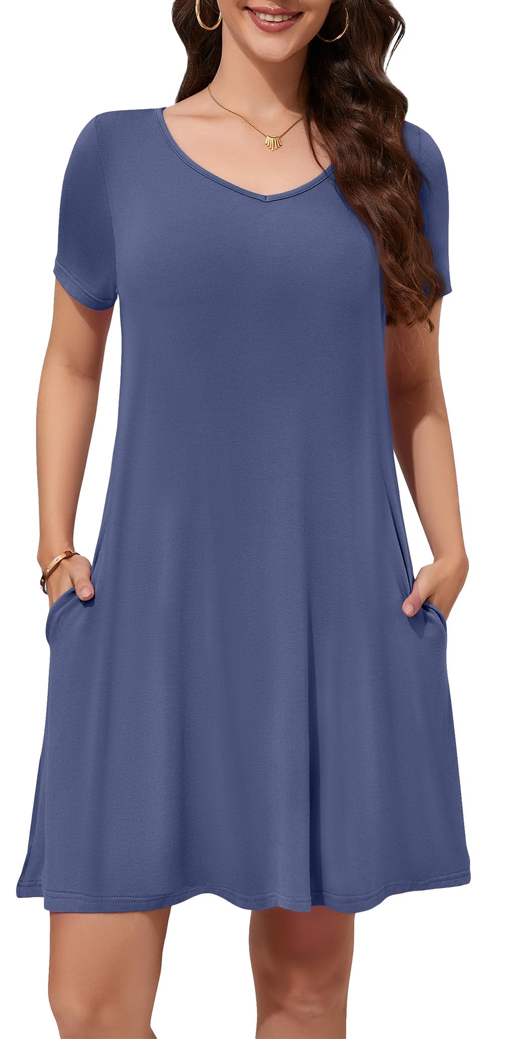 WEACZZY Summer Dresses for Women 2026 V-Neck Casual T Shirt Dress Loose Short Sleeve Flowy Dresses with Pockets
