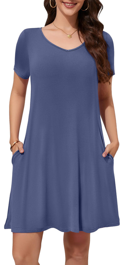WEACZZY Summer Dresses for Women 2026 V-Neck Casual T Shirt Dress Loose Short Sleeve Flowy Dresses with Pockets