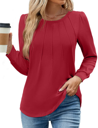 WEACZZY Women Long Sleeve Shirts Crew Neck Tunic Tops Soft Casual Blouses Creased Design Curved Side Hem Fashion Outfits 2026