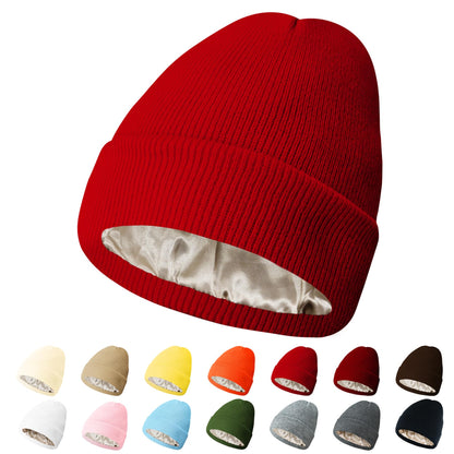 PFFY Womens Satin Lined Beanie Hat Silk Lining Winter Hats Beanies for Women Soft Slouchy Beanie Skull Cap