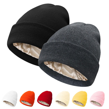 PFFY Womens Satin Lined Beanie Hat Silk Lining Winter Hats Beanies for Women Soft Slouchy Beanie Skull Cap
