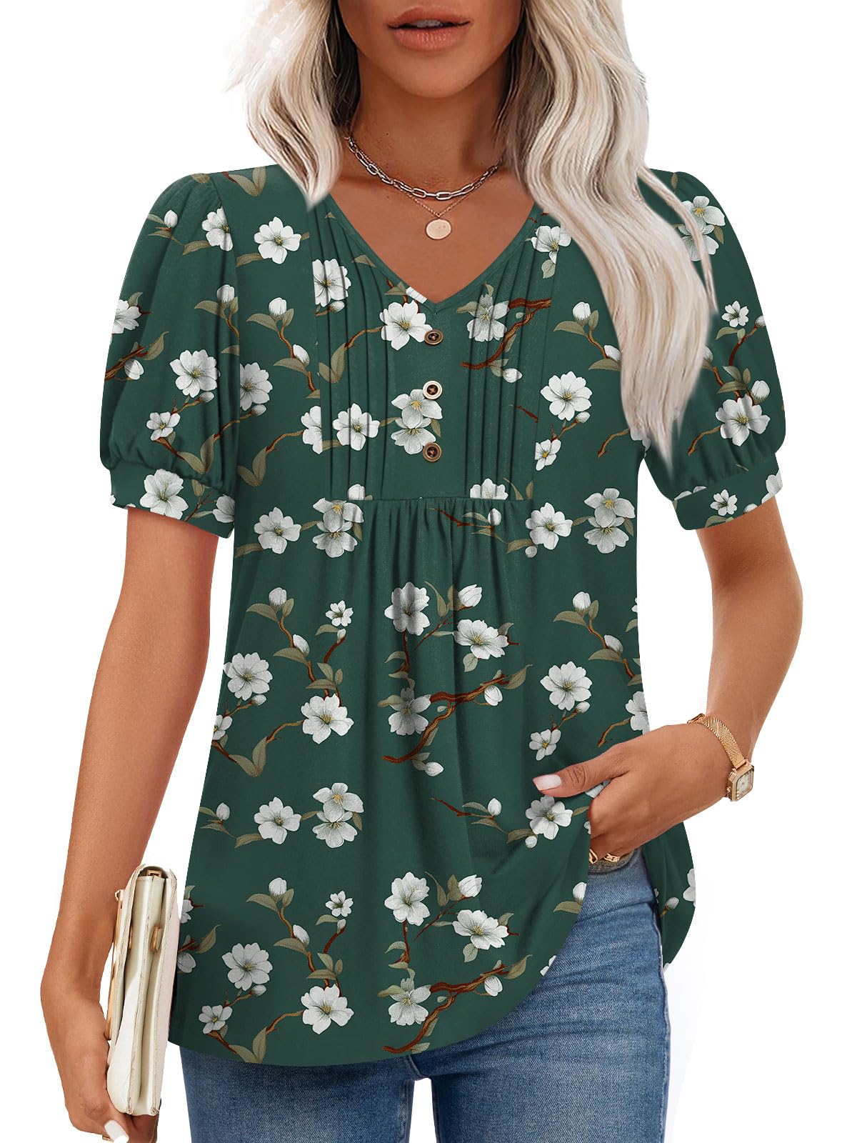Findsweet Women's Summer Tunic Tops Casual Dressy Blouses Short Sleeve Shirts M-4XL