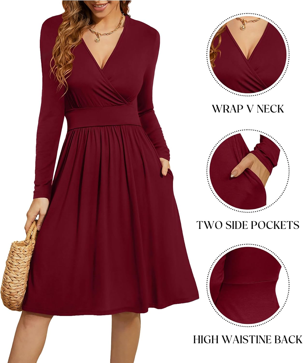 WEACZZY Women's 2026 Fall Long Sleeve Casual Dresses Wrap V-Neck Semi Formal Party Dress with Pockets