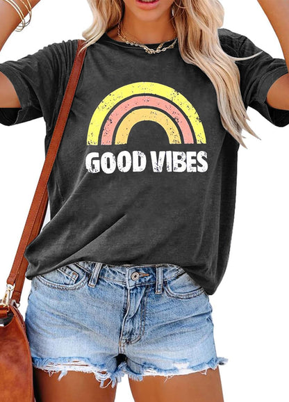 YEXIPO Womens Graphic Tees Short Sleeve Summer Tops Funny Letter Print Crew Neck Casual Loose Cute T Shirts
