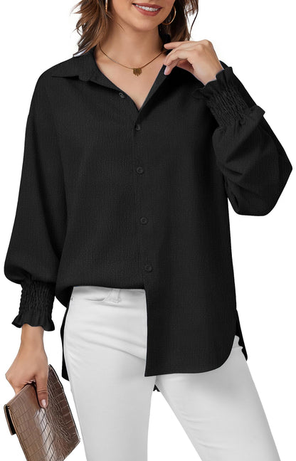 WEACZZY Womens Button Down Casual Shirts Long Sleeve Smocked Cuffed Blouses Collared Work No Pockets Tops 2026