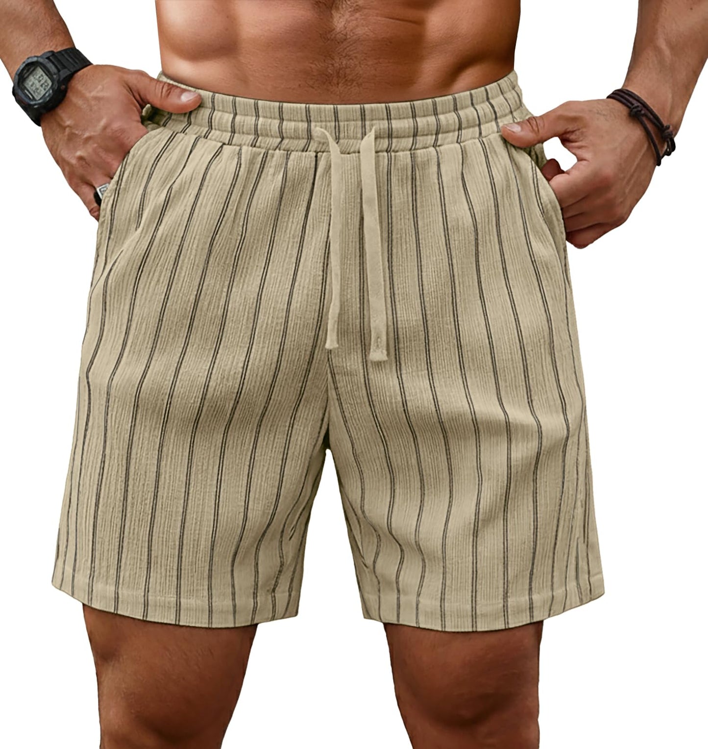 Sailwind Mens Striped Casual 7" Shorts Summer Beach Elastic Waist Drawstring Shorts with Pockets