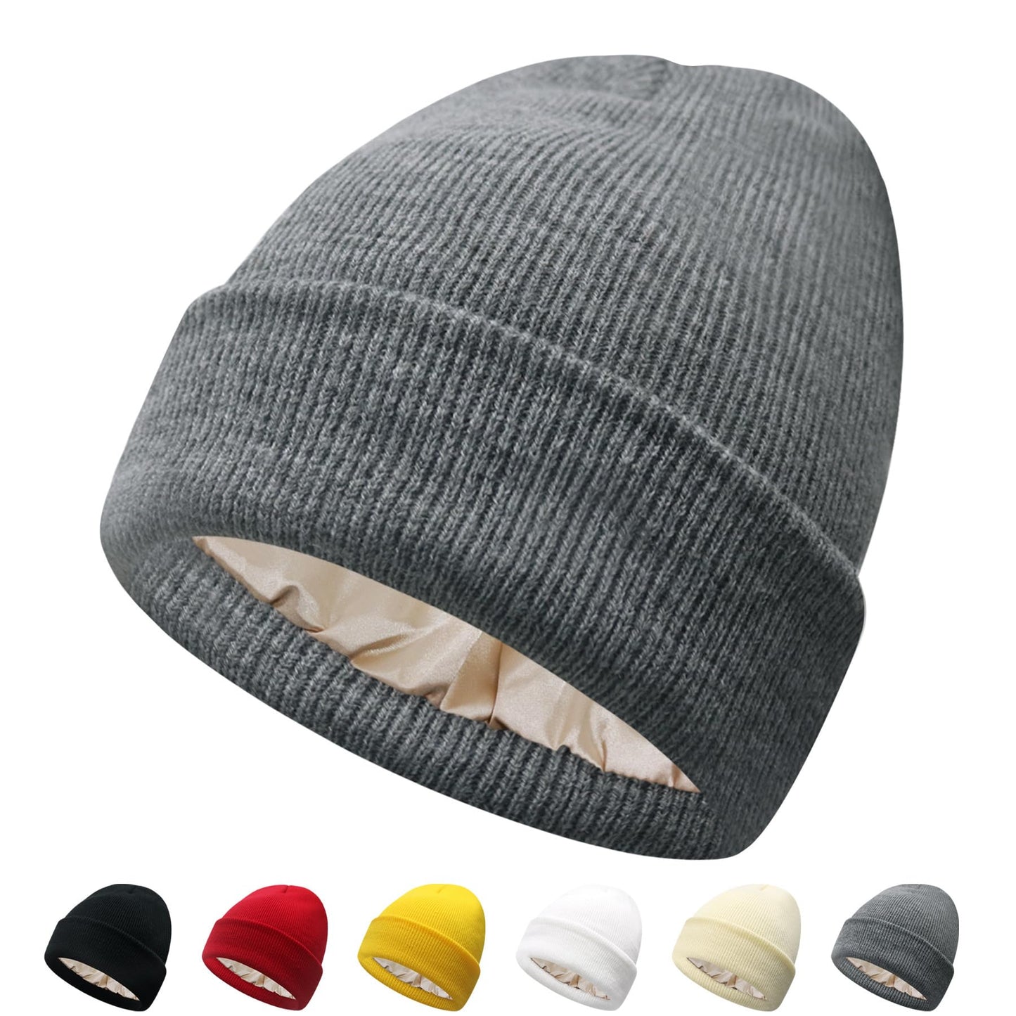 PFFY Satin Lined Beanie for Women Silk Lining Soft Winter Hats Reduce Frizz Knit Beanies Warm Skull Cap