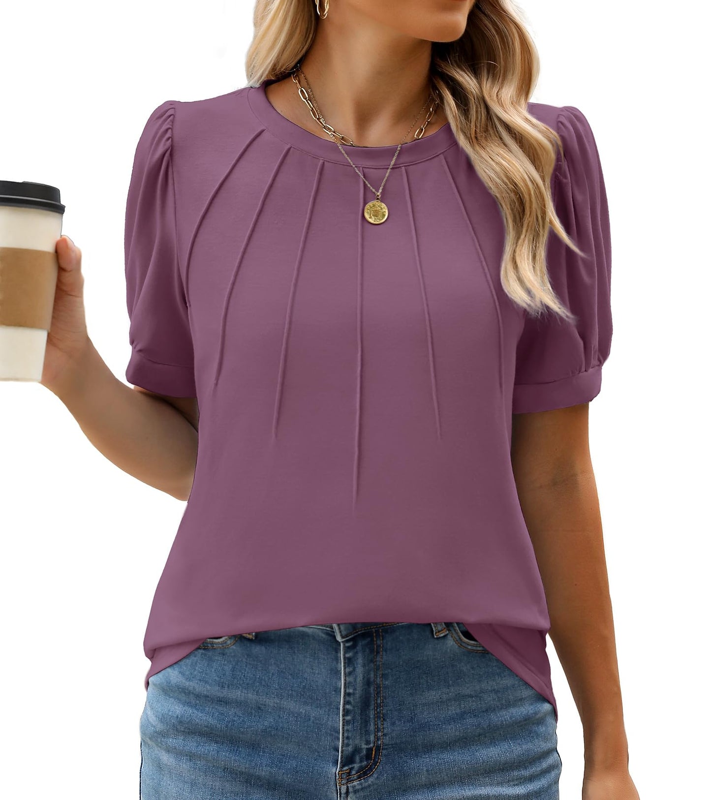 WEACZZY Women's Short Sleeve Crew Neck T-Shirt Pleated Front Casual Blouse | Puff Sleeve, Soft Comfortable Breathable, Regular Fitted, Asymmetrical High-Low Hem, Business Casual, Spring Summer Fall