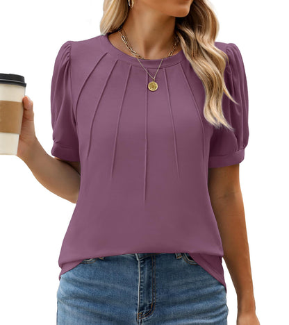 WEACZZY Women's Short Sleeve Crew Neck T-Shirt Pleated Front Casual Blouse | Puff Sleeve, Soft Comfortable Breathable, Regular Fitted, Asymmetrical High-Low Hem, Business Casual, Spring Summer Fall