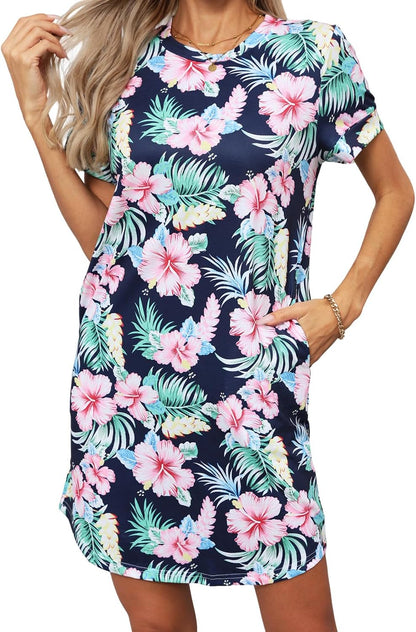 YEXIPO Women's Casual Summer Short Sleeve T Shirt Dress Nightgown Crew Neck Loose Solid Color Basic Dresses with Pockets