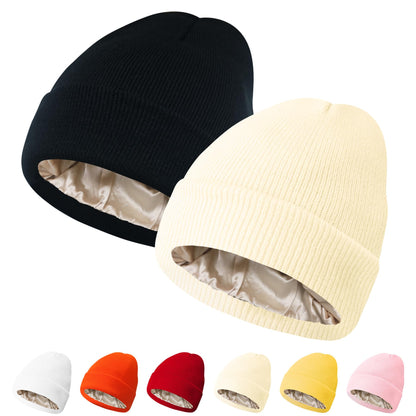 PFFY Womens Satin Lined Beanie Hat Silk Lining Winter Hats Beanies for Women Soft Slouchy Beanie Skull Cap