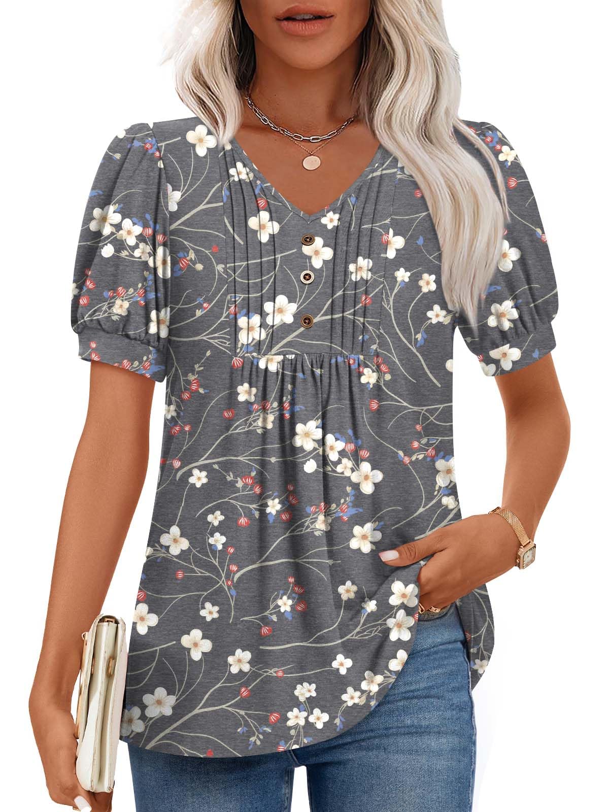 Findsweet Women's Summer Tunic Tops Casual Dressy Blouses Short Sleeve Shirts M-4XL