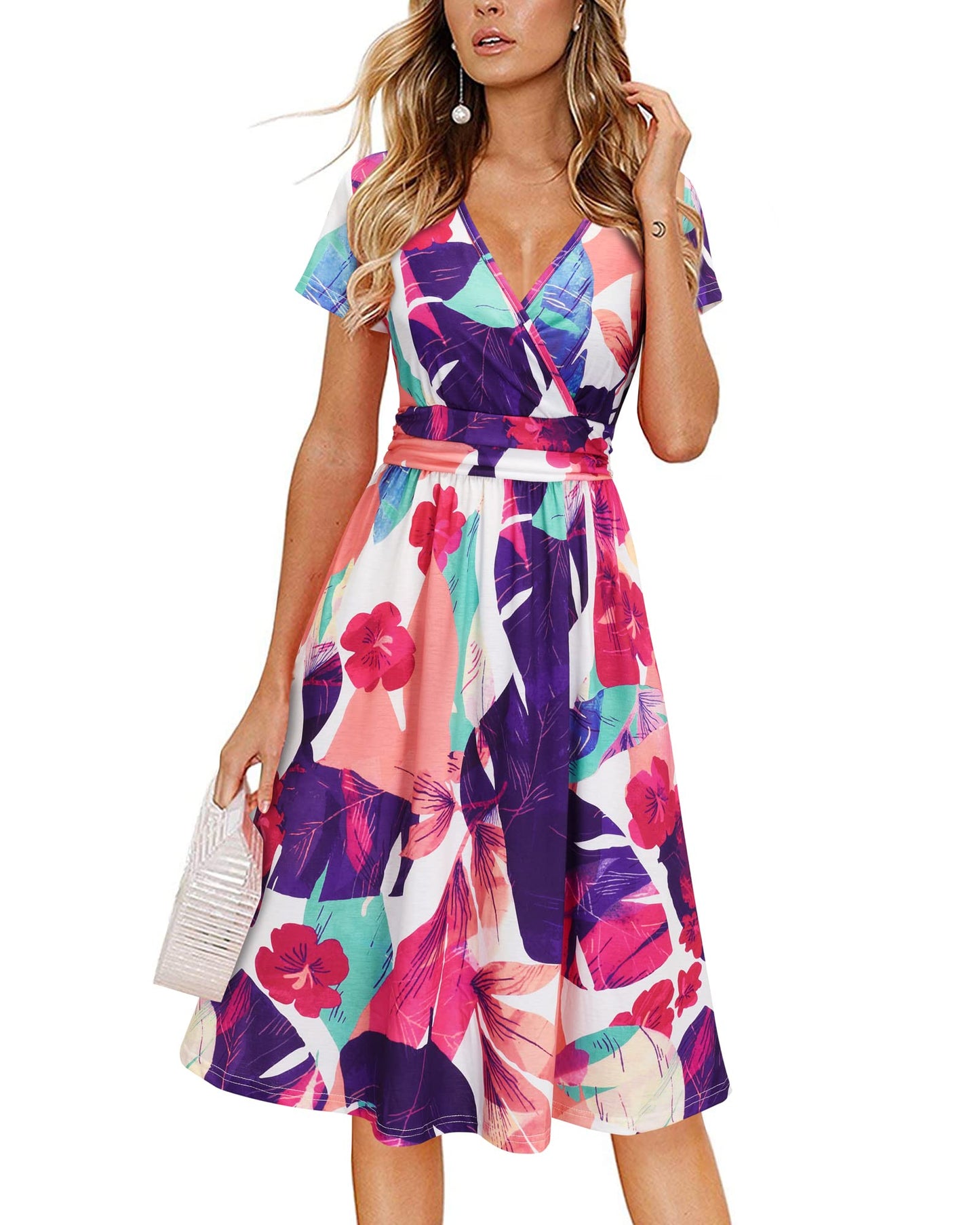 Newshows Womens Summer Short Sleeve Casual Dresses V Neck Floral Vacation Sundress Faux Wrap Midi Dress with Pockets