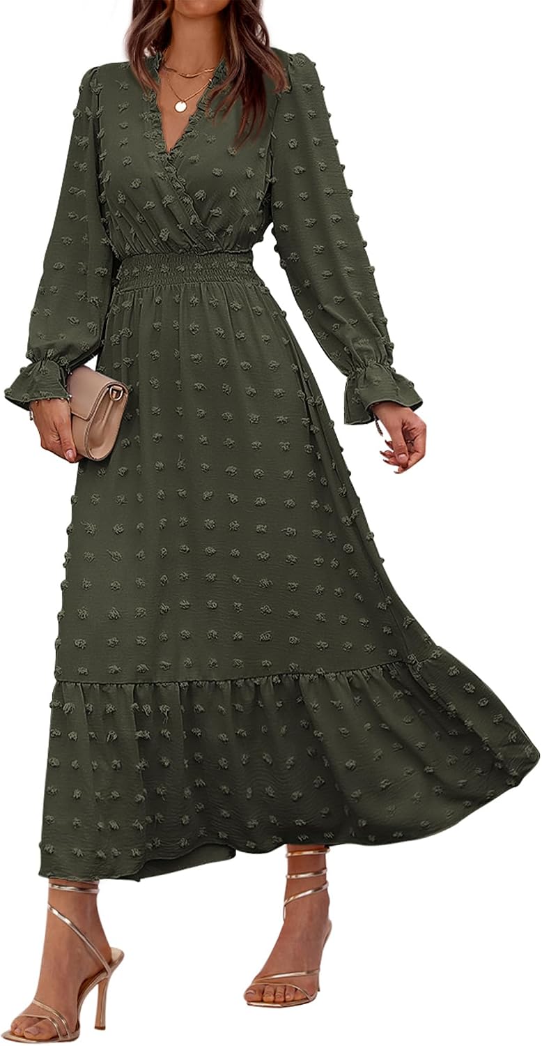 BTFBM Women Fall Maxi Dresses 2026 Long Sleeve V Neck Swiss Dots High Waisted A-Line Ruffle Boho Long Dress Vacation
