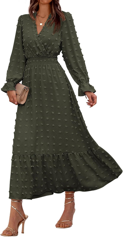 BTFBM Women Fall Maxi Dresses 2026 Long Sleeve V Neck Swiss Dots High Waisted A-Line Ruffle Boho Long Dress Vacation