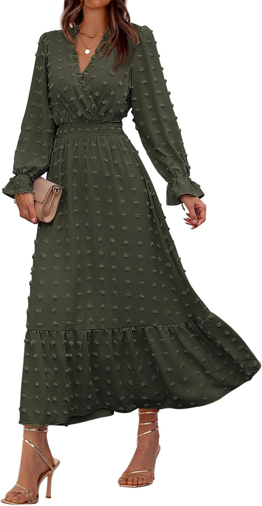 BTFBM Women Fall Maxi Dresses 2026 Long Sleeve V Neck Swiss Dots High Waisted A-Line Ruffle Boho Long Dress Vacation
